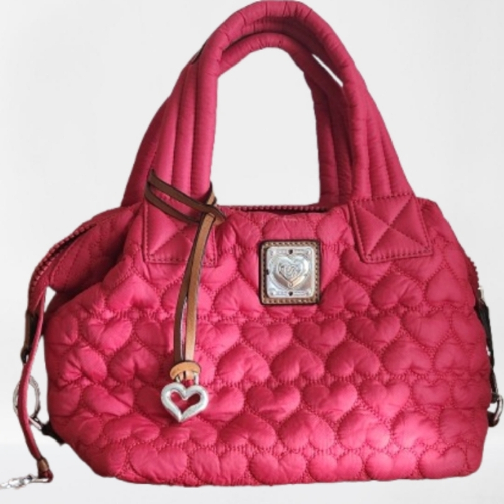 Brighton Quilted Heart-Pattern Satchel in red with Brown Trim